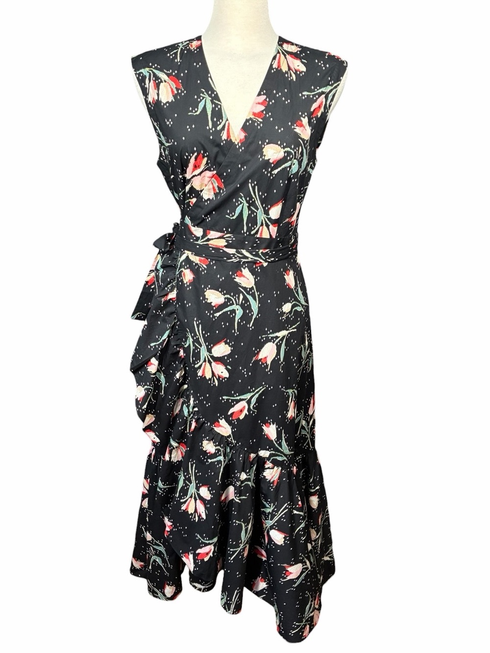 Rebecca Taylor Ikat Tulip Poplin Midi Dress Black Floral Wrap Dress Women's 6
